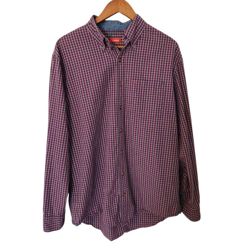 Izod Mens Purple Check Plaid Button Up Long Sleeve Shirt Preppy Size Large Tall